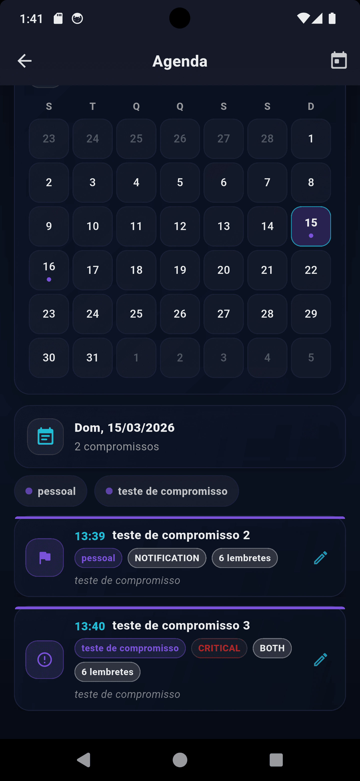 Calendário do módulo Agenda do Zora7 Suite