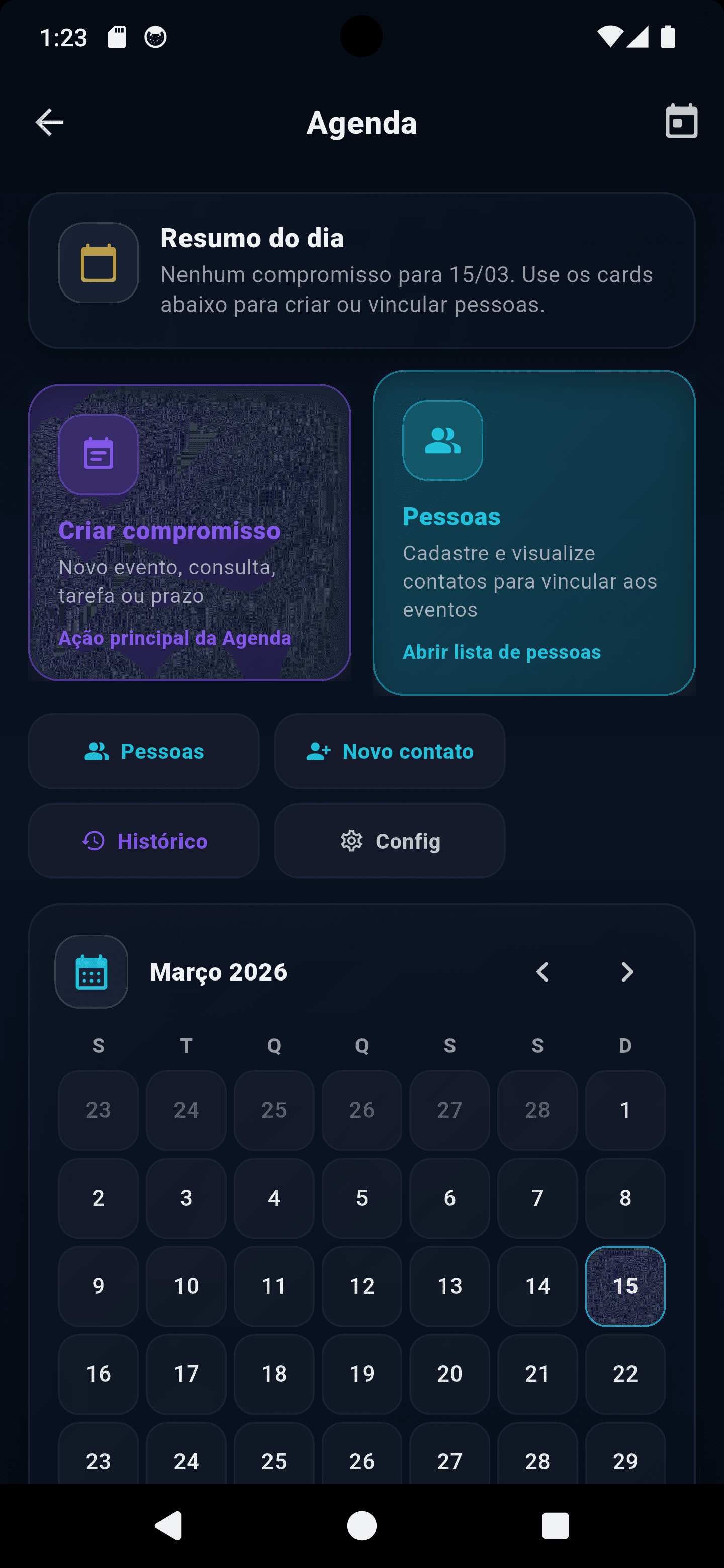 Painel principal da Agenda do Zora7 Suite