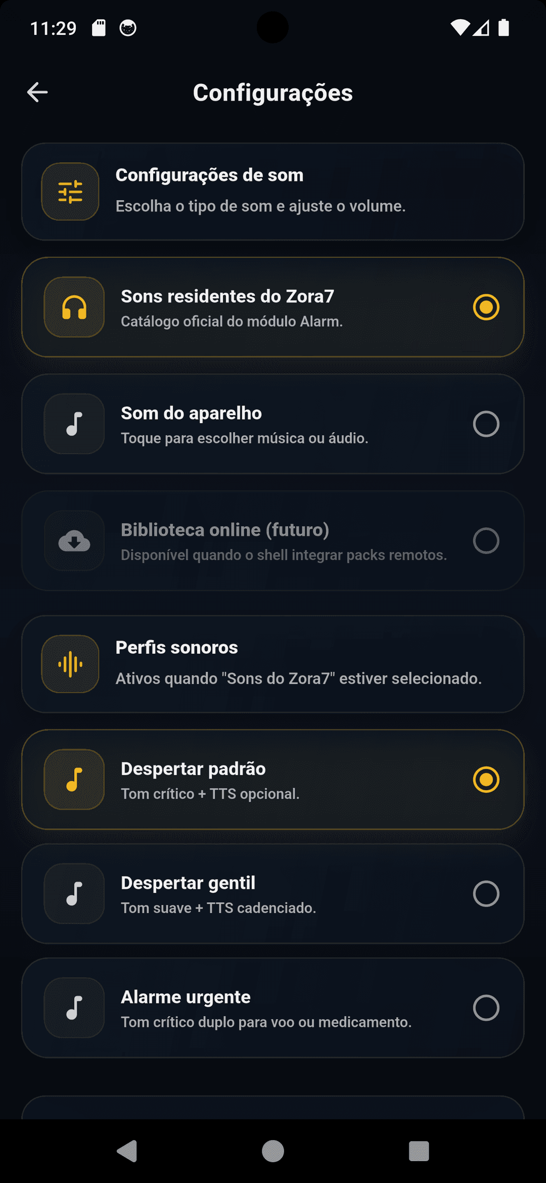 Configurações do módulo Alarm do Zora7 Suite