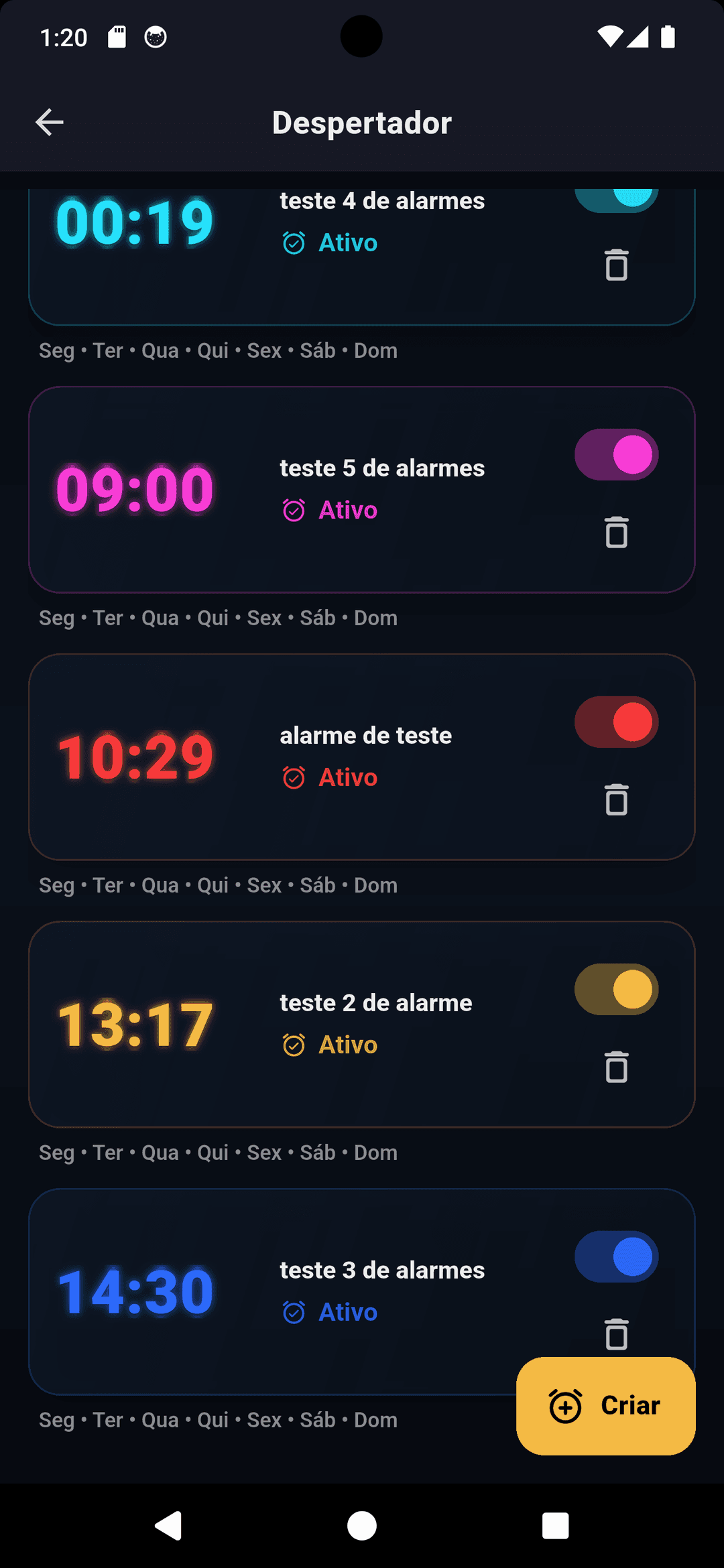 Lista de alarmes no módulo Alarm do Zora7 Suite