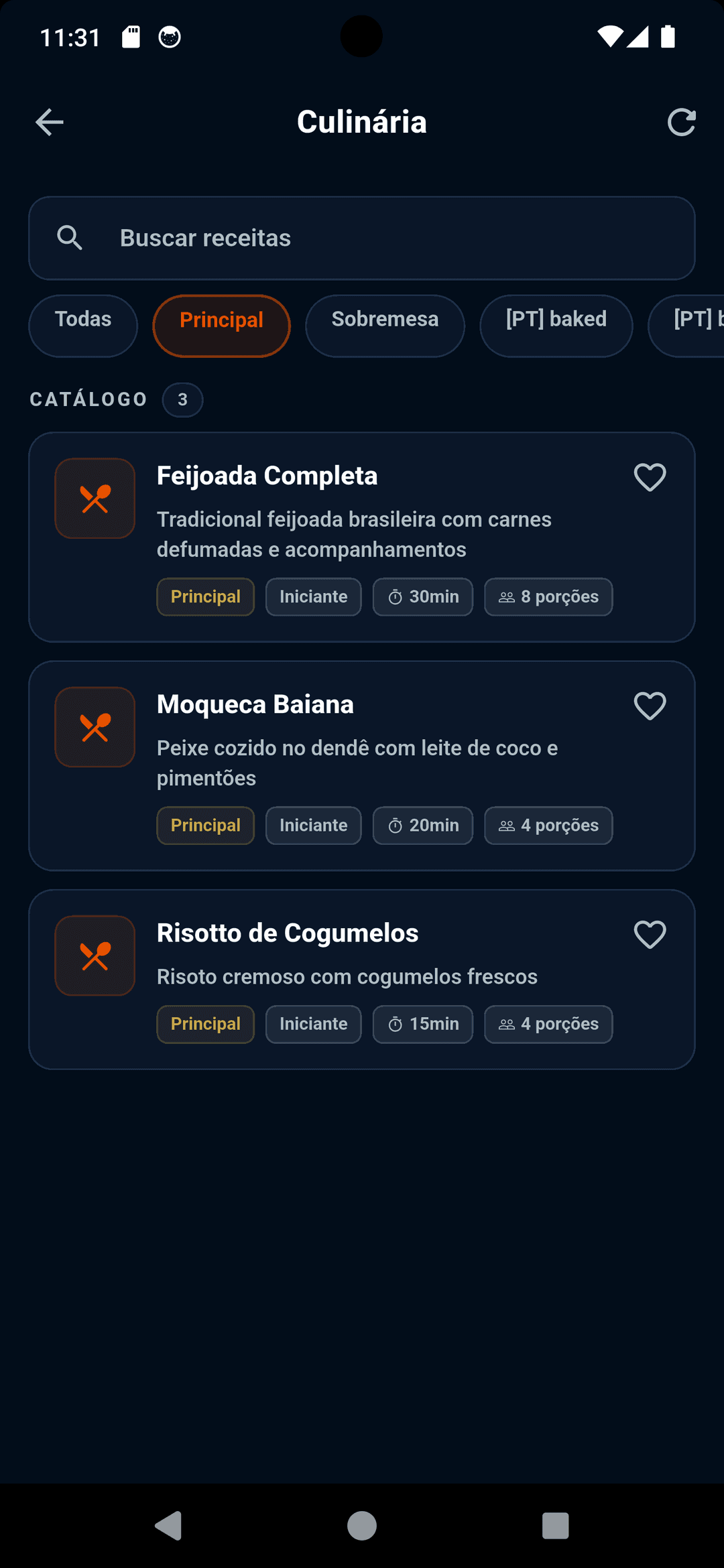 Catálogo de receitas do módulo Cuisine