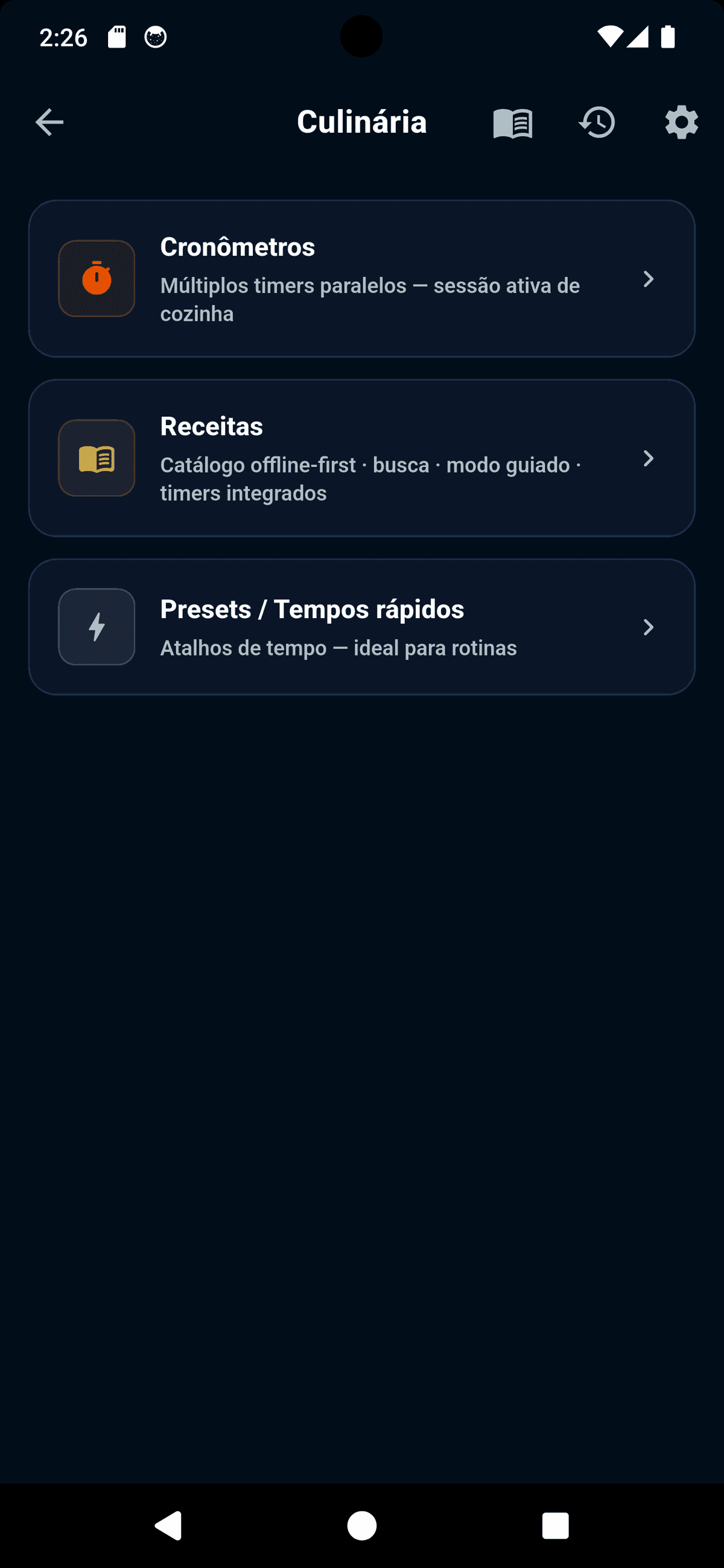 Tela principal do módulo Cuisine do Zora7 Suite