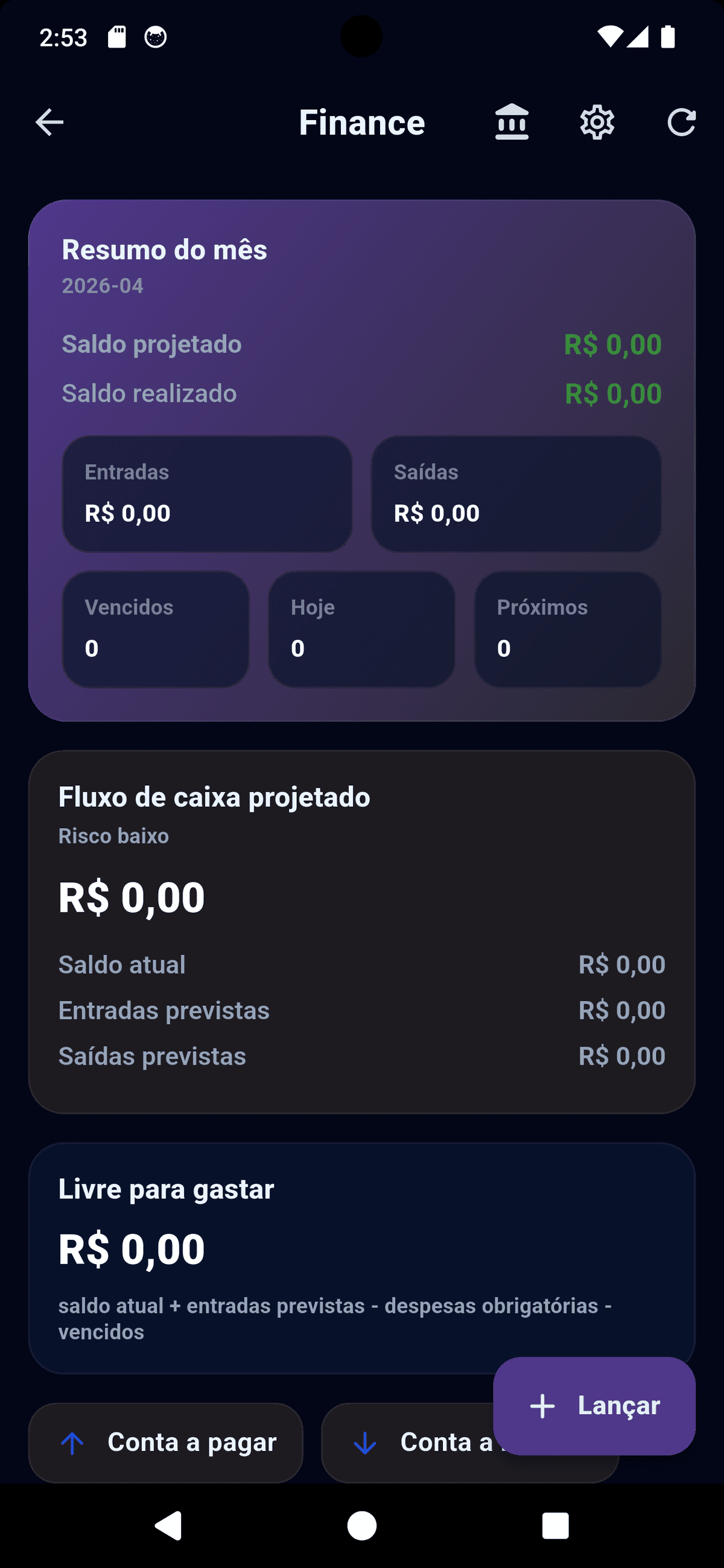 Resumo financeiro principal do módulo Finance do Zora7 Suite