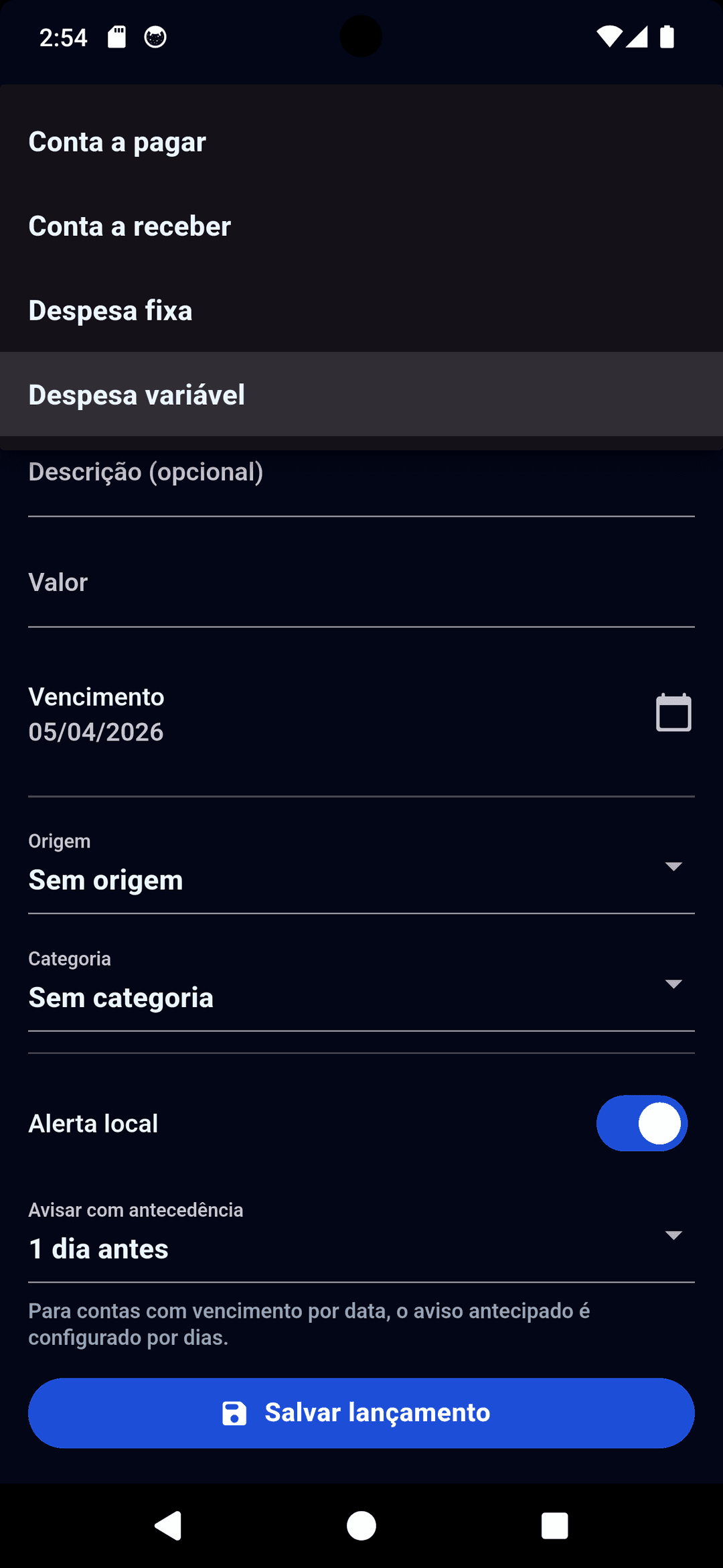 Formulário de lançamento financeiro do módulo Finance