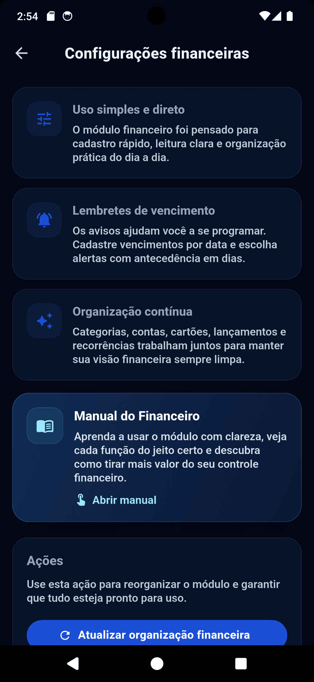 Configurações financeiras do módulo Finance do Zora7 Suite