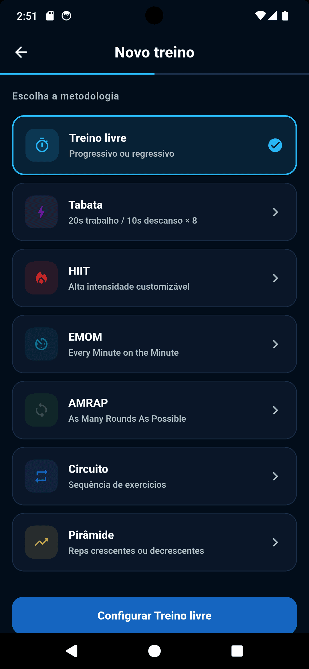 Tela de metodologias do módulo Workout do Zora7 Suite
