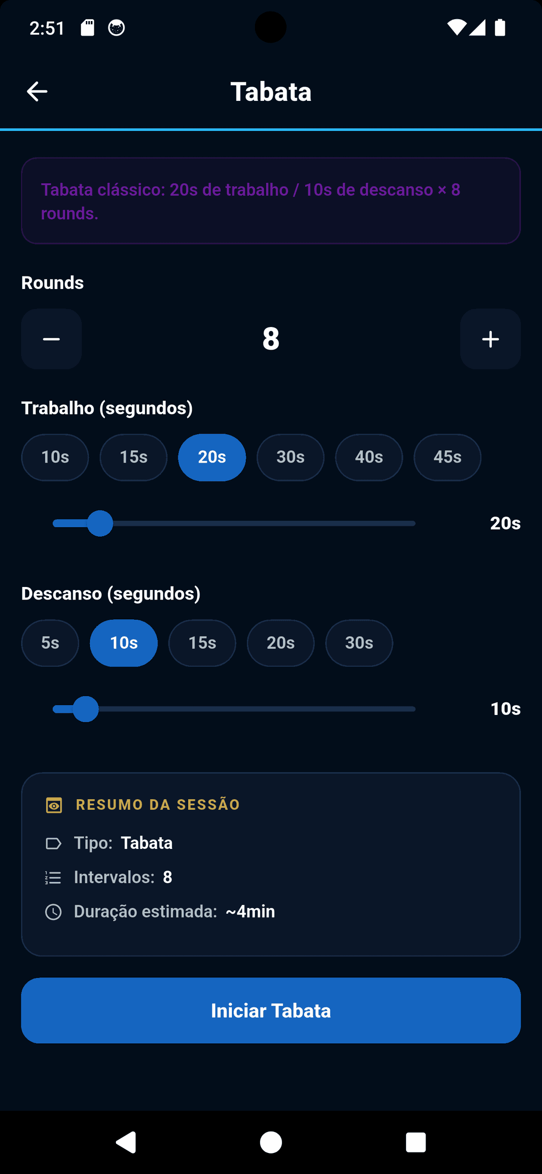 Configuração de Tabata no módulo Workout